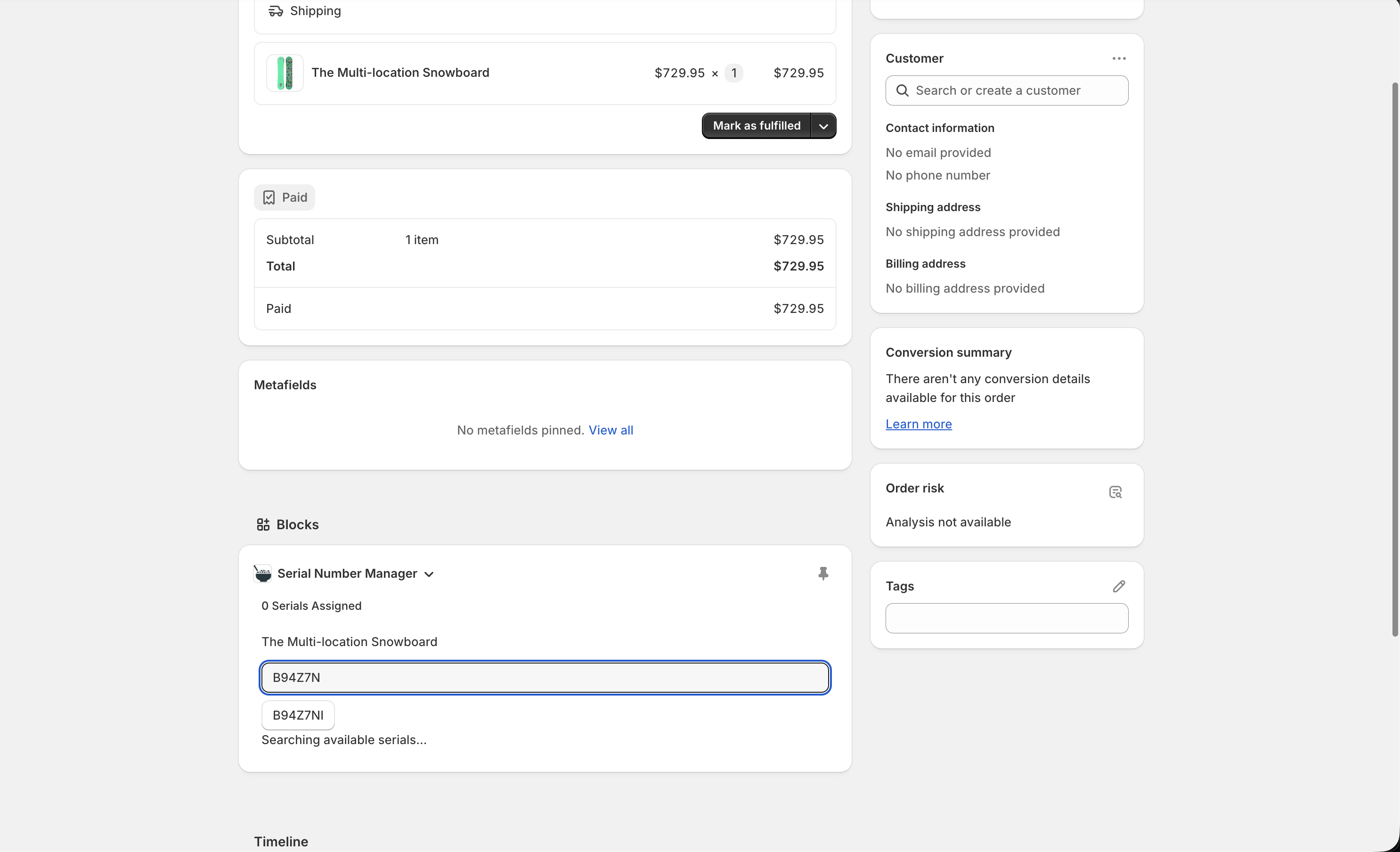 Serial Manager app block in Shopify order view showing serial number search and autocomplete functionality