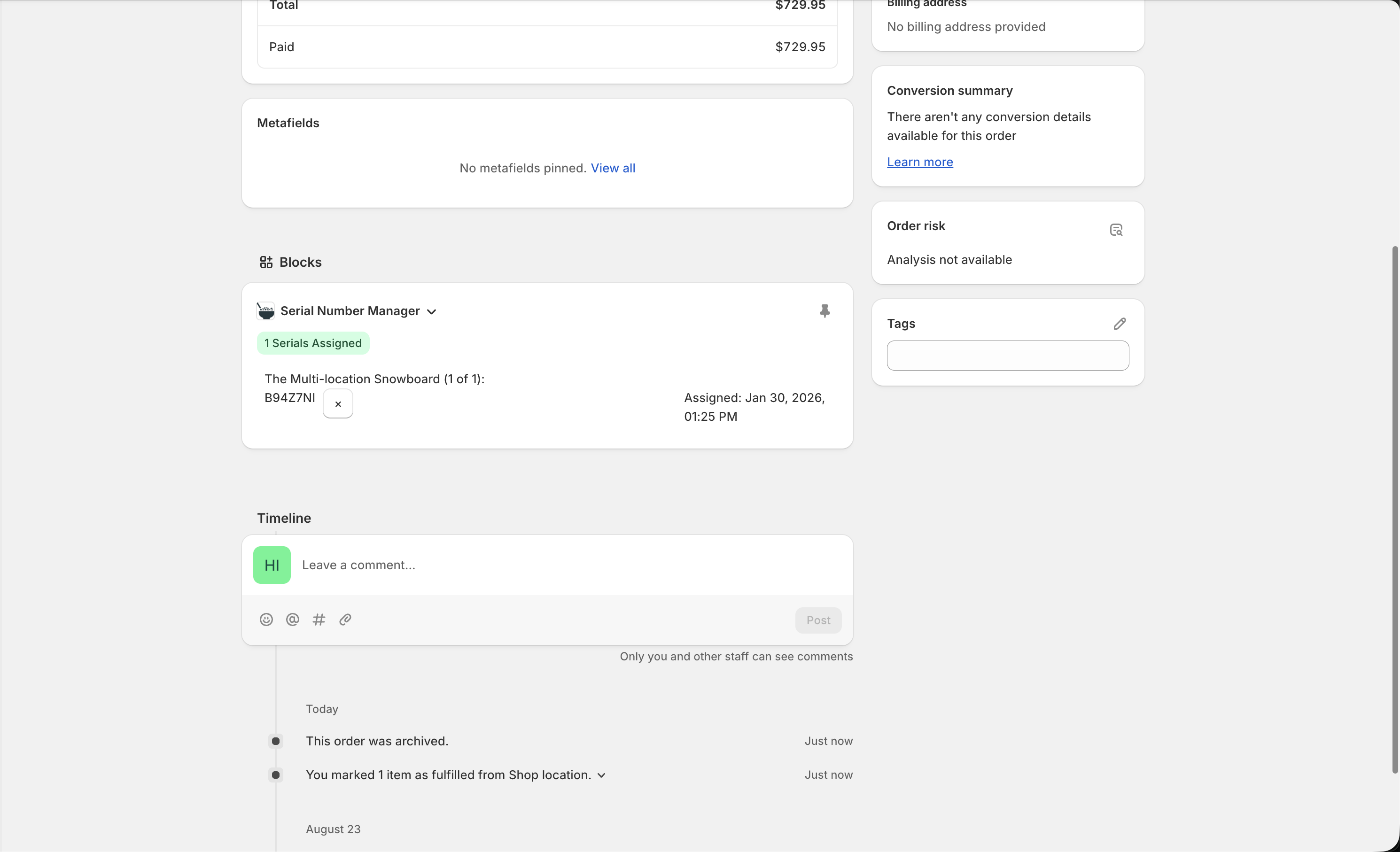 Shopify order view showing Serial Number Manager with assigned serial and order timeline displaying fulfillment history and timestamps