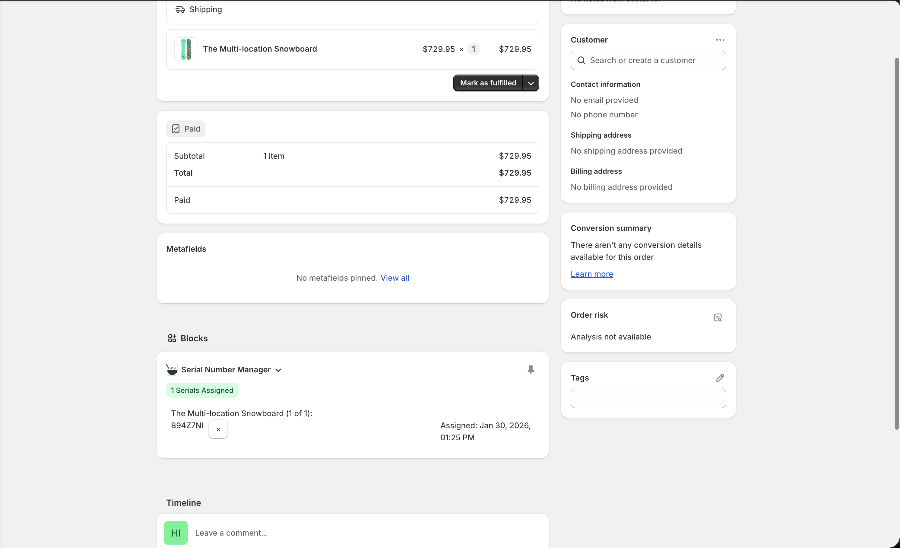 Serial Manager block in Shopify showing 1 serial successfully assigned to an order with timestamp