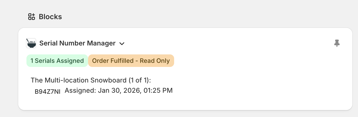 Close-up of Serial Manager block showing 1 serial assigned with product name, serial number B94Z7NI, and assignment timestamp