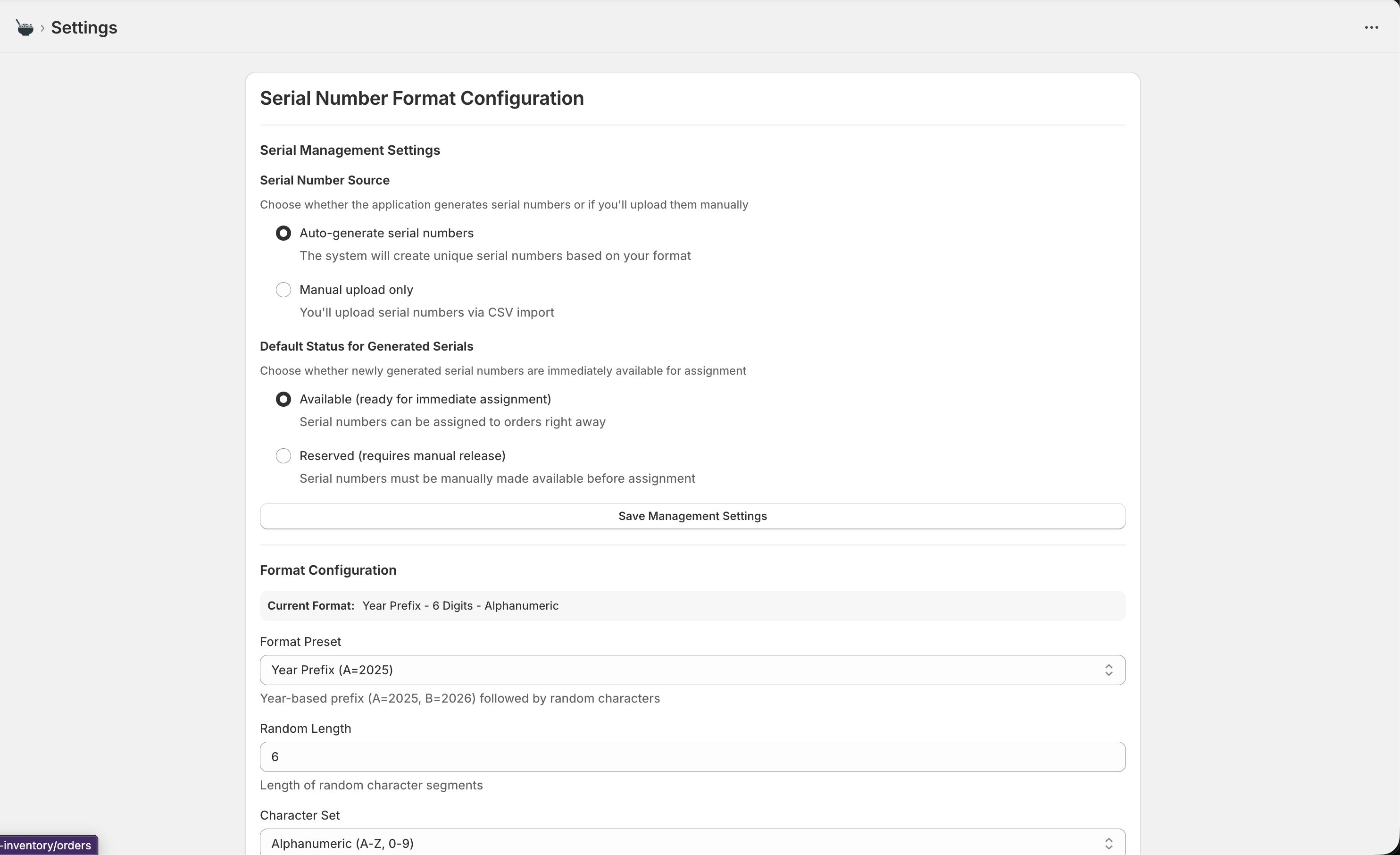 Serial Manager settings page showing serial number format configuration with auto-generate options, year prefix formats, and character set selection